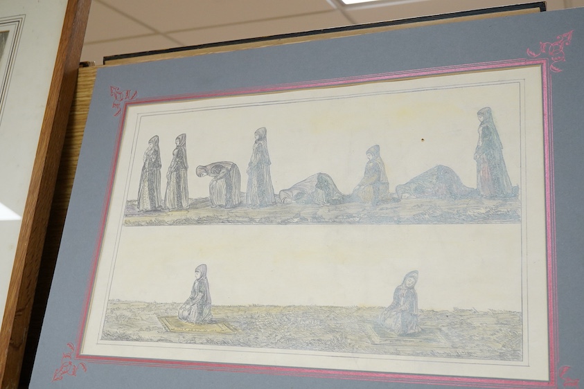 Turkish School, Islamic prayer scenes, two pencil sketches, mounted, unframed, 39 x 27cm